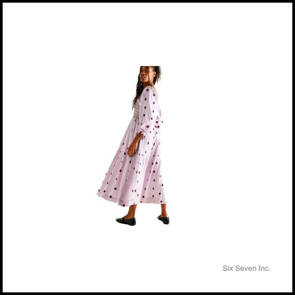 Polyester Bohemian Floral Embroidered Maxi Dress with Lantern Sleeves - Picture 6 of 7